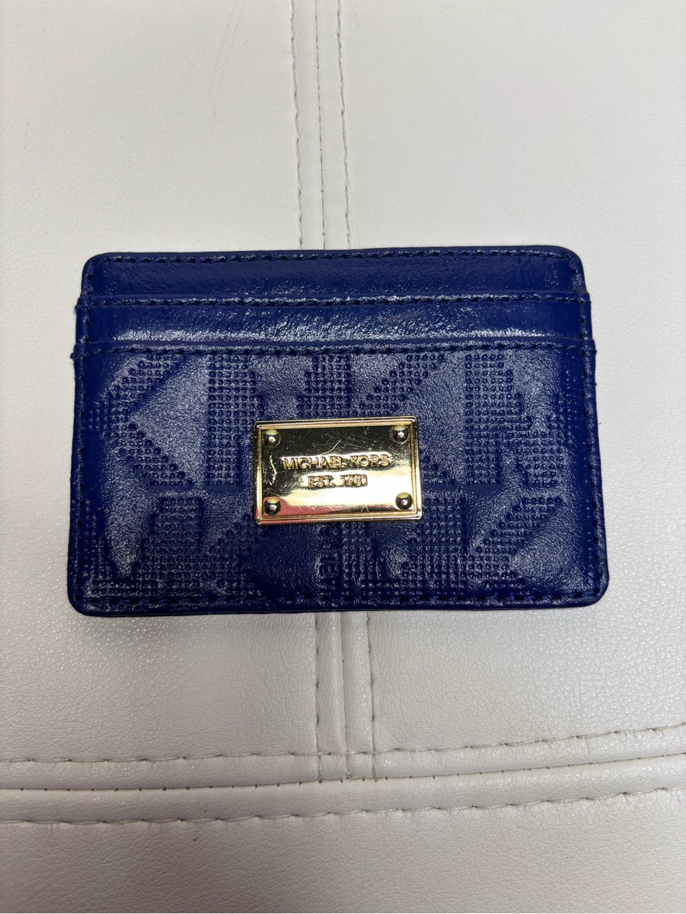 Michael Kors Jet Set Embossed Signature Logo Card Case Wallet in royal blue